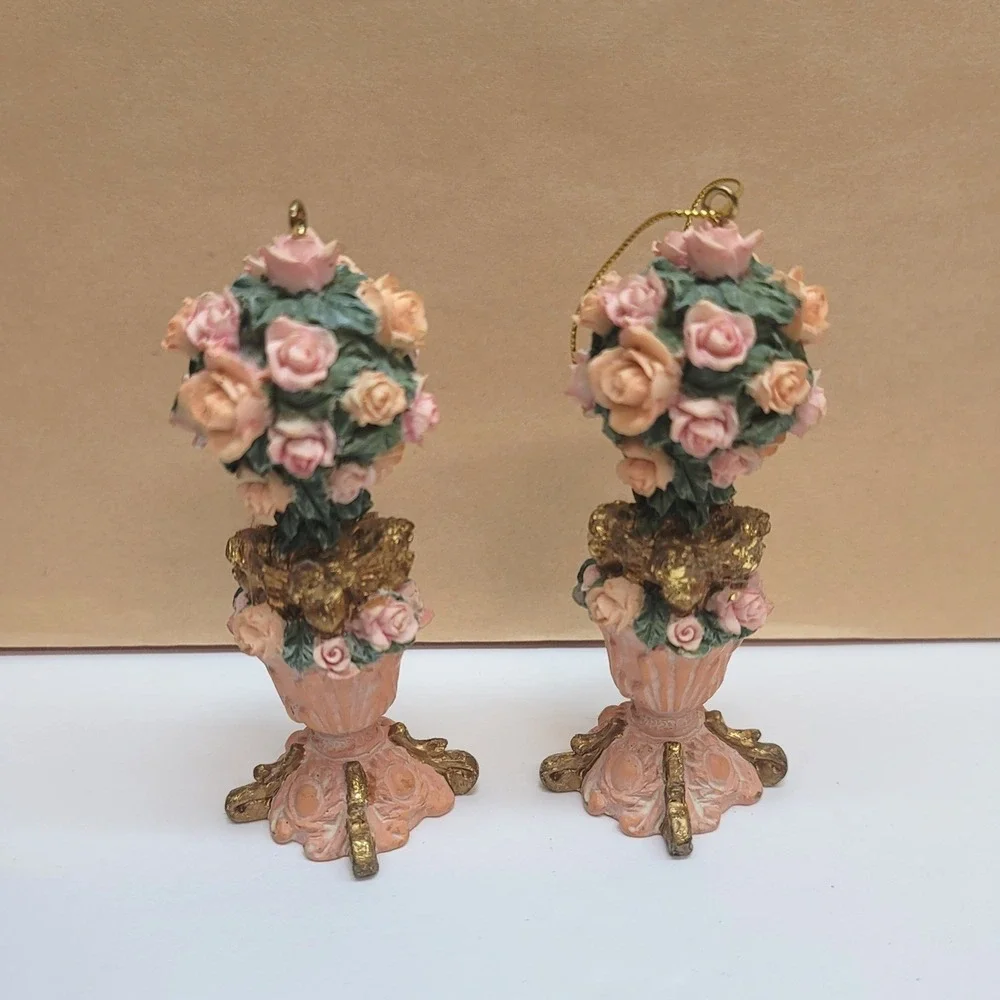 2Pc. Vtg Silvestri Rose/Cherub Topiary Ornaments Pink Peach Floral Resin 4.25